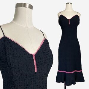 Vintage Y2K Betsey Johnson black textured dress pink scallop trim ruffle hem S